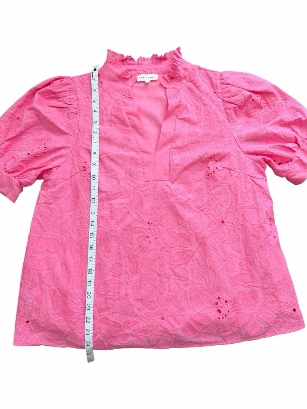 Entro Hot Pink Floral Eyelet Ruffle Neck Puff Sleeve Blouse Size M - Picture 13 of 13